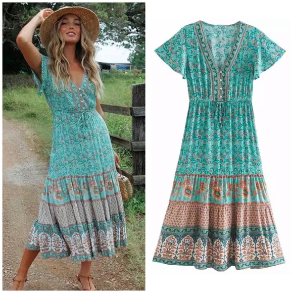 SOLD OUT Turquoise Boho Floral Short Sleeve Midi Dress - Picture 2 of 3